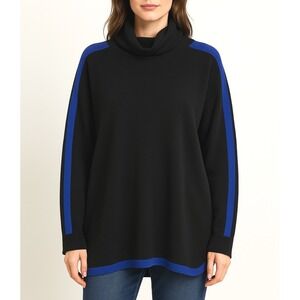 $235 kokun Cashmere Bamboo Black Blue Stripe Turtle Neck Baggy Sweater S Minimal